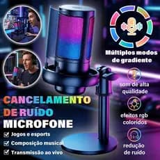 Microfone USB RGB Gamer Condensador Cardioide ENC Streaming Podcast PC Celular Plug Play