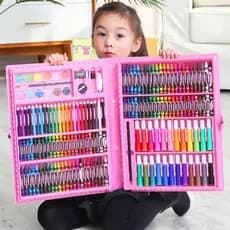 KIT 68/86/150/168 Estojo Maleta Pintura Infantil com 150/168 Peças Paleta Canetinha Giz Lápis Cores -Techo Pro