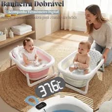 Banheira Bebê Infantil Dobravel Portátil Com Suporte Termômetro E Almofada Ergométrica
