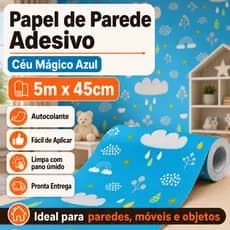 Papel de Parede Infantil Adesivo Ceu Nuvem Estrela Rolo 5m x 45cm Quarto Bebe Menino Menina Lavavel