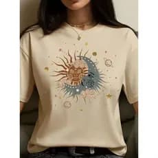 Camiseta Feminina Casual Estampa Sol Lua 100% Algodão 30.1 Delicada Lançamento Blusa Feminina