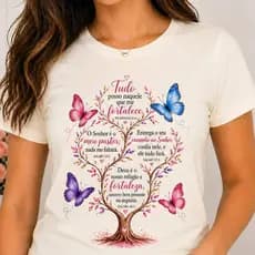 Blusa T-Shirt de Algodão 30.1- Árvore com borboletas e Salmos