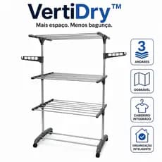 VertiDry™ | Varal Dobrável 3 Andares com Cabideiro Integrado