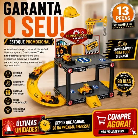 Kit Pista de Engenharia Infantil Montável 13 Peças com Veículos de Construção Brinquedo Educativo