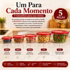 Conjunto Potes de Vidro Herméticos 5 Tamanhos com Tampa para Mantimentos Alimentos e Organização