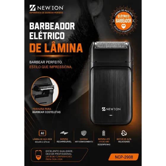 2 EM 1 BARBEADOR ELETRICO DE LAMINAAparador Masculino Recarregável – Acabamento Perfeito em Qualquer Lugar