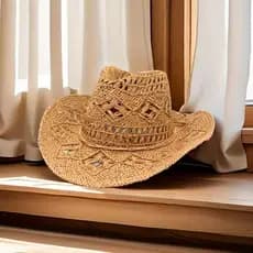 Chapéu de Palha Cowboy Unissex Feito à Mão Respirável Fresco Aba Curvada Estilo Jazz