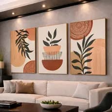 Quadros Decorativos 3 Peças Linhas Geométricas Folhas Tropical Sala Quarto Hall