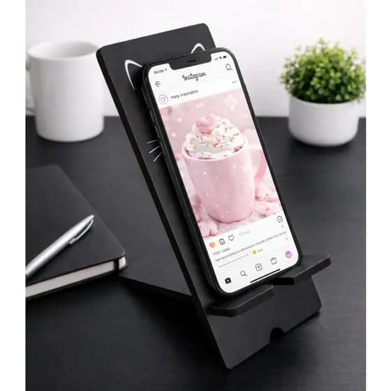 Porta Celular Suporte de Mesa Decoração Gatinha Preta