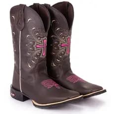 Bota Texana Feminina Country Bordada Cruz Rosa Bico Quadrado
