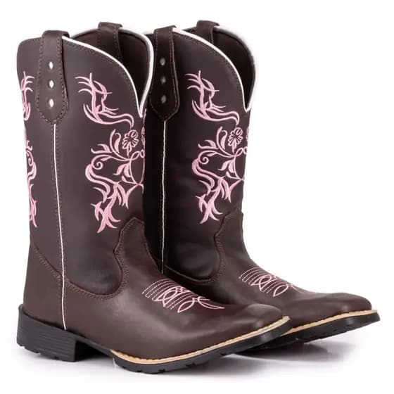 Bota Texana Country Feminina Tribal Rosa Bico Quadrado