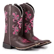 Bota Texana Feminina Bico quadrado Bordado Cruzeta