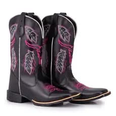Bota Texana Feminina Bico Quadrado Bordado Cara De Boi Black e Pink