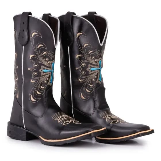 Bota Texana Feminina Country Bico Quadrado Cruz Azul Black