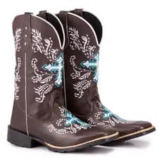 Bota Texana Feminina Cruz Espelhada Azul Bico Quadrado