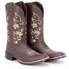 Bota Texana Country Feminina Bordada Ramos Café Bico Quadrado
