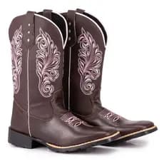 Bota Texana Feminina Country Bico Quadrado Flor