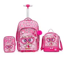 Kit Mochila Rosa Rodinhas Lancheira Estojo Escolar Reforçada Coruja Espaçosa Coban