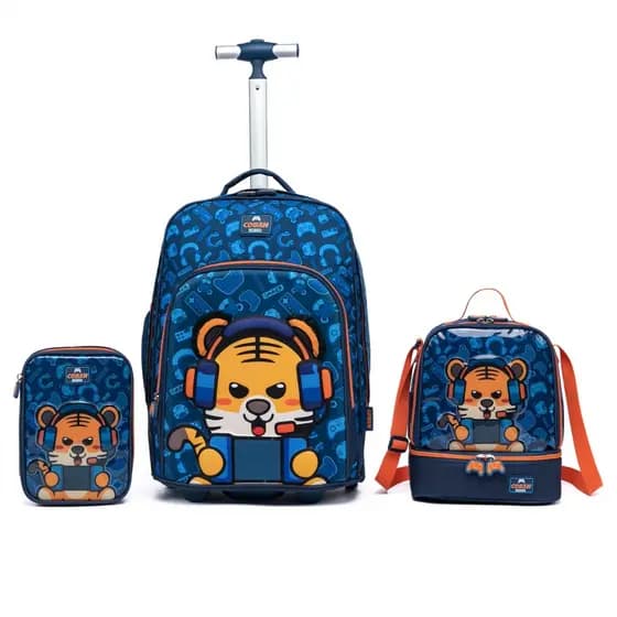Kit Mochila Rodinha Lancheira Estojo Tigre Escolar Infantil Reforçada Coban