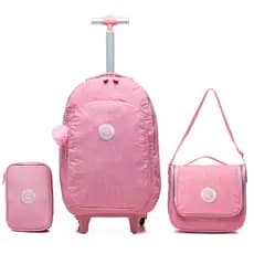 Kit Mochila Rodinha Lancheira Estojo Rosa Reforçada Coban