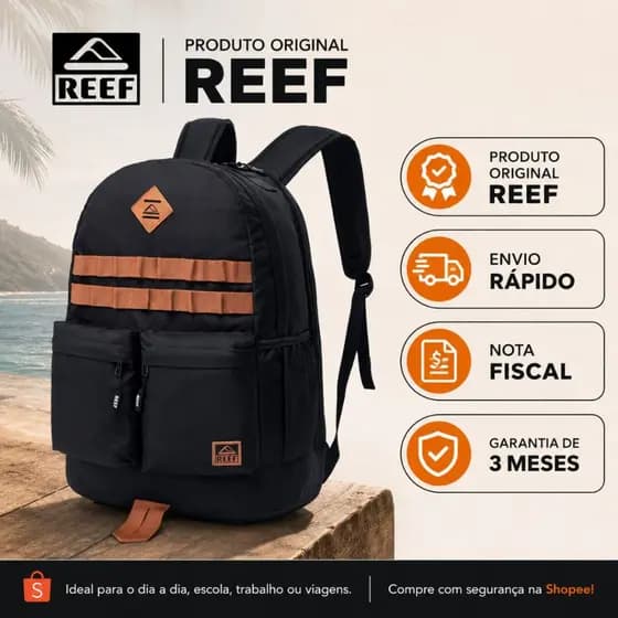 Mochila Masculina Reforçada Notebook Reef Casual Trabalho Escola Bolsos Frontais Preto e Marrom