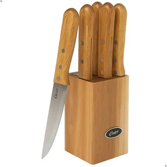 CONJUNTO FACAS CHURRASCO OSTER 7 PECAS EM ACO INOX HERSDEN - 6 FACAS PARA CARNE 25CM, 1 CEPO DE MADEIRA 7X7X13CM