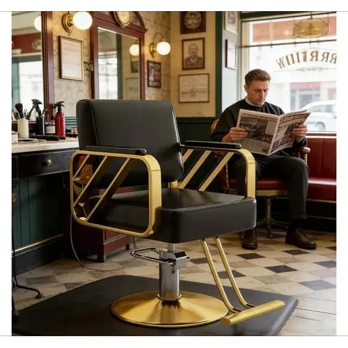 Cadeira De Barbearia Profissional Design Geométrico Luxuoso Preto E Dourado Fixo Redonda NOVO
