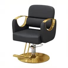Cadeira de barbearia profissional, design aro circular fixo. Cores: preto dourado, marrom dourado e branco dourado