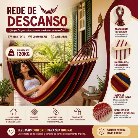Rede De Dormir Portátil Com Madeira Camping Descanso Life Rede Descanso Reforçada Boa Solteiro