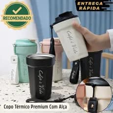 Copo Inox Térmico Parede Dupla 450ml Café Chás Cerveja Quente Frio Anti Vazamento Alça de Transporte