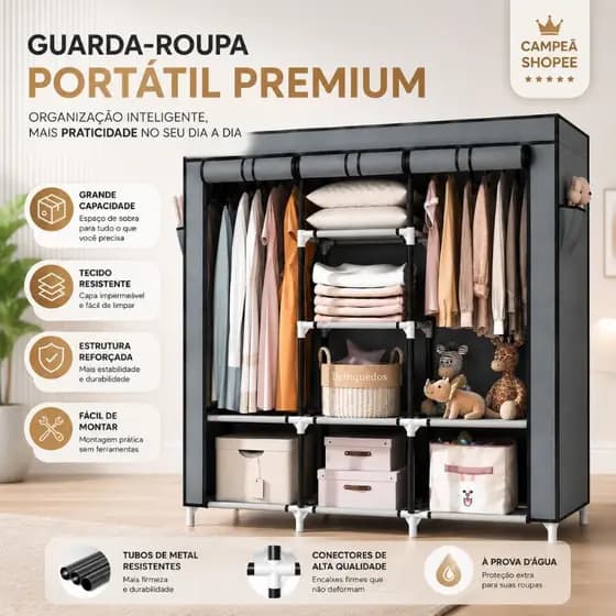 Guarda Roupa Modular Moderno Organizador Portátil com Cortina e Cabideiro Duplo Grande