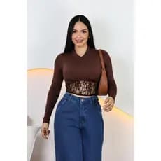 Blusa Feminina com Renda abaixo do seio Manga Longa Gola Alta Suplex Premium Manga Cumprida