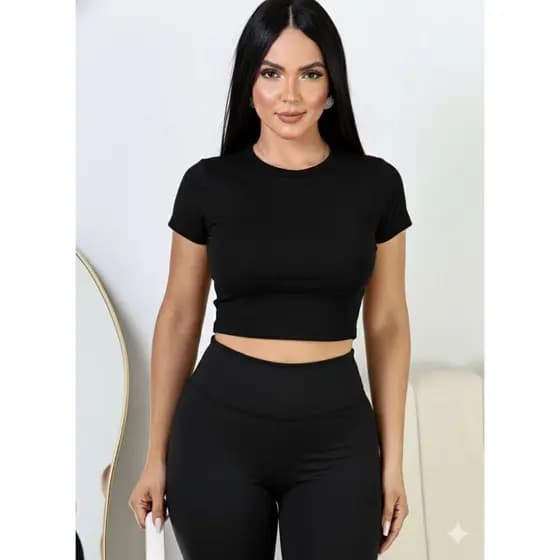 Baby tee Camiseta Feminina T-shirt Cropped com manga Blusa slim curta Blusinha manga curta malha suplex estampa lisa