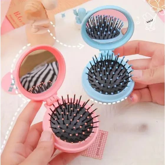 Mini Escova de Cabelo Dobrável Com Espelho - Portátil e Perfeita Para Bolsa - Entrega Pronto