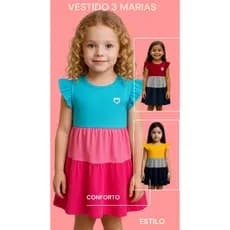 Kit com 3 Vestidos Infantis com Babado Três Marias Confortáveis e Leves para o Verão Ideal para Meninas