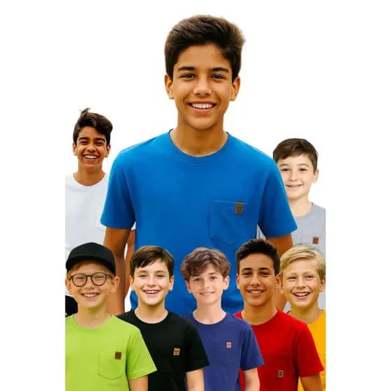 Kit 5 ou 3 Camisetas Infantil Juvenil Masculina Manga Curta Com Bolso 100% Algodão Lisa 2 a 14 Anos