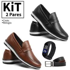 Kit 2 Pares Loafer Masculino Preto e Marrom Social Casual Confortável + Relógio Digital e Cinto