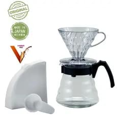 Coador Acrílico e Jarra Vidro + Filtro Café Original Hario V60/02 Fabricado no Japão