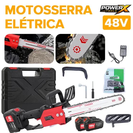 POWERX Motosserra Elétrica a Bateria 12″ – Sem Fio, Potente e Pronta para Trabalho Pesado!
