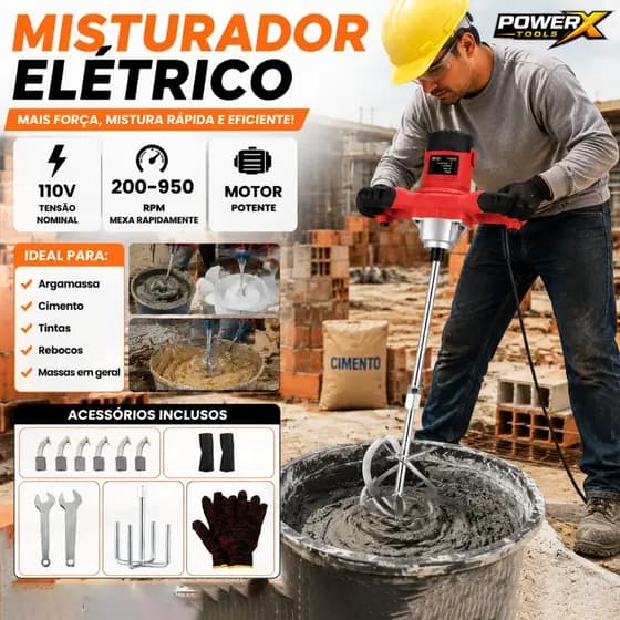 Misturador Elétrico 110V 200-950RPM 18 em 1 Alta Potência Profissional Argamassa Cimento Tinta Construção com Acessórios