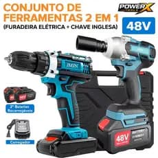 POWERX Kit 2 em 1 Ferramentas 48V com 2 Baterias – Parafusadeira + Chave de Impacto Sem Fio Profissional