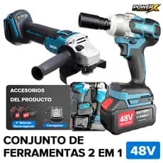 POWERX Kit 2 em 1 Ferramentas 48 V com 2 Baterias – Esmerilhadeira + Chave de Impacto Sem Fio Profissional