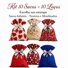 Saco de presente kit 10 unidades com 10 laços 20x29 25x36 30x44 estampas variadas colorido lembrancinha