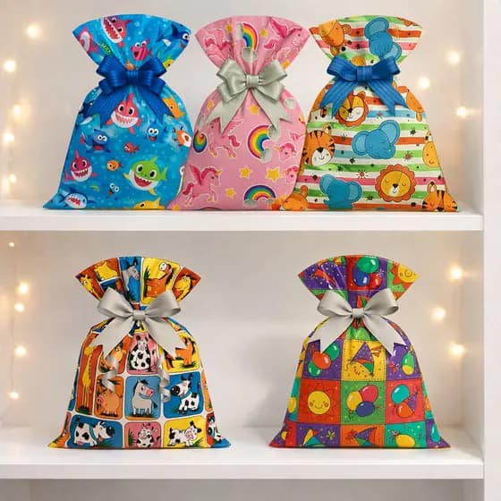 Saco de presente infantil 30x44 estampado kit 50 unidades festa lembrancinha colorido