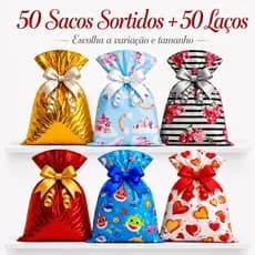 Saco de presente sortido kit 50 unidades com 50 laços estampas variadas 20x29 25x36 30x44 lembrancinha colorido