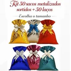 Kit 50un Sacos Metalizados Sortidos com 50 laços Escolha o tamanho Presente Festa Luxo Embalagem
