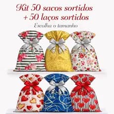 Saco de presente sortido neutro kit 50 unidades com 50 laços 20x29 25x36 30x44 estampas variadas lembrancinha colorido