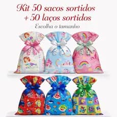 Saco de presente sortido infantil kit 50 unidades com 50 laços 20x29 25x36 30x44 estampas variadas colorido