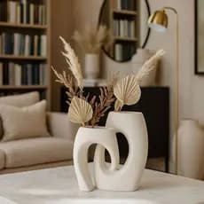 Kit Vaso Decorativo 2 Peças Escultural Vazado Branco e Marfim Mesa Sala Design Moderno Minimalista Emily Duo