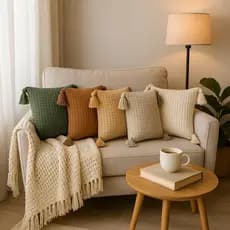 Capa de Almofada Boho 45x45cm – Pompons Charmosos em Algodão Cru